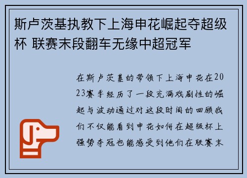 斯卢茨基执教下上海申花崛起夺超级杯 联赛末段翻车无缘中超冠军